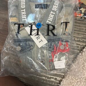 Men's Light Blue Distressed Denim Jacket with Red Flame Detail